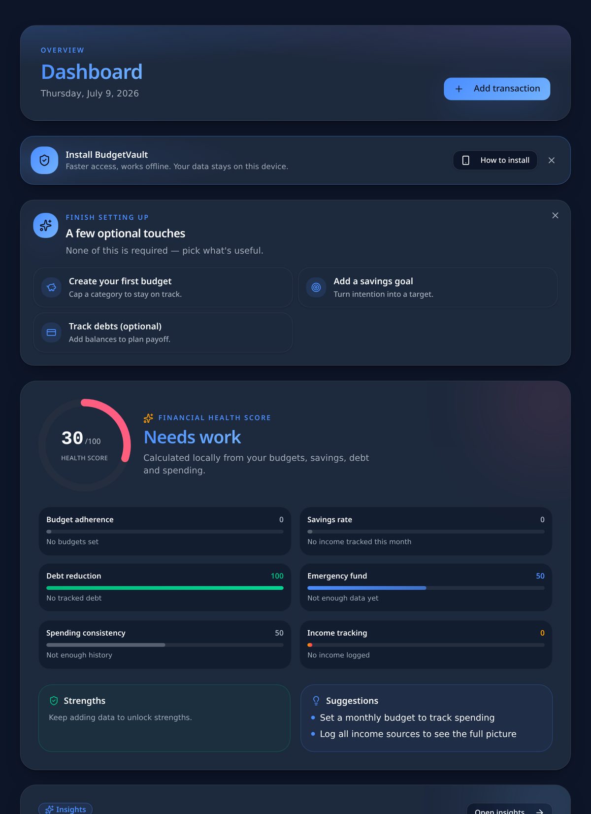 BudgetVault dashboard showing financial health score, budgets, savings and spending metrics.